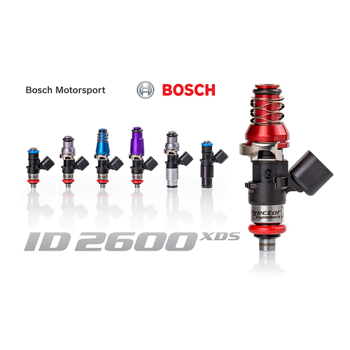 ID2600-XDS Injectors Set of 2, 60mm Length, 11mm Blue Adaptor Top, 14mm Lower O-Ring/-204 Lower Cushion fits Mazda RX-7 