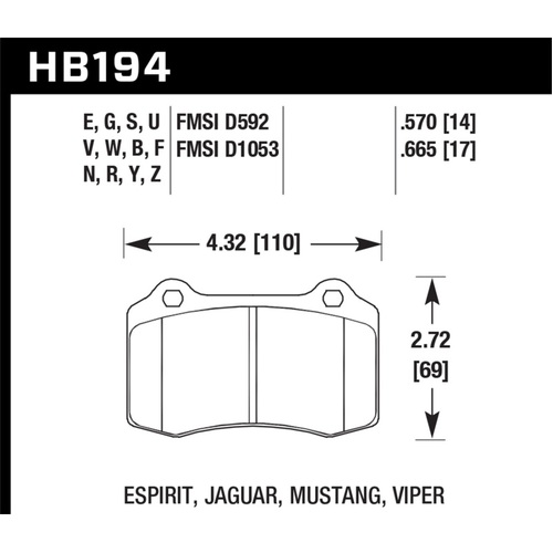 Hawk 96 & 00-02 Dodge Viper GTS/00-02 Viper RT 10 / 00 Mustang SVT Cobra Race Fr HT-10 Brake Pads (HB194S.665)