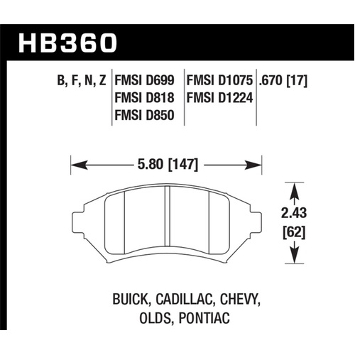 Hawk Buick/ Cadillac/ Chevy/ Olds/ Pontiac Front Performance Ceramic Street Brake Pads (HB360Z.670)