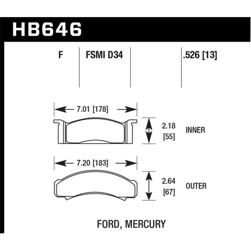 Hawk 68-73 Ford Mustang / 68-71 Torino / 68-71 Montego / 68-73 Cougar HPS Street Front Brake Pads (HB646F.526)