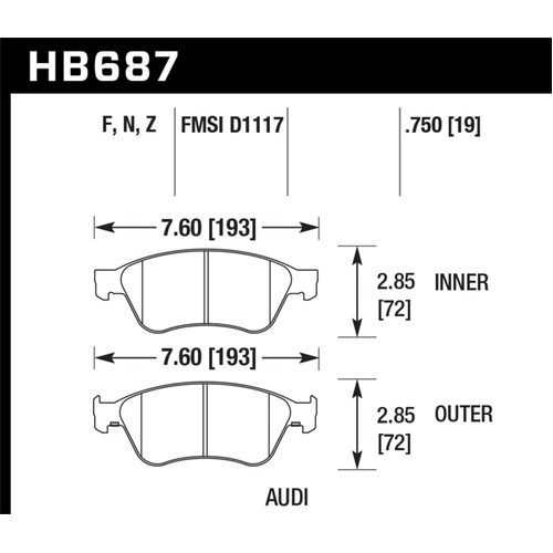 Hawk 04-10 Audi A8 Quattro / 07-11 S6 / 07-10 S8 /  04-06 VW Phaeton HPS Front Street Brake Pads (HB687F.750)