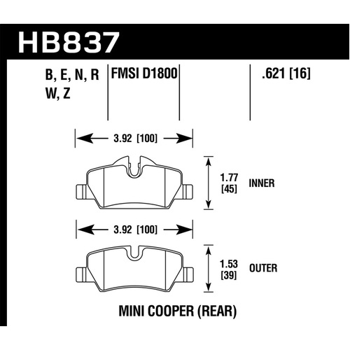 Hawk 14-19 Mini Cooper Blue 9012 Rear Motorsports Brake Pads (HB837E.621)