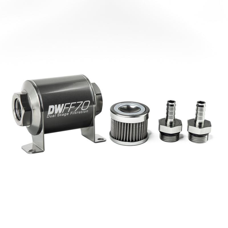 DeatschWerks Stainless Steel 3/8in 40 Micron Universal Inline Fuel Filter Housing Kit (70mm) - 8-03-070-040K-38