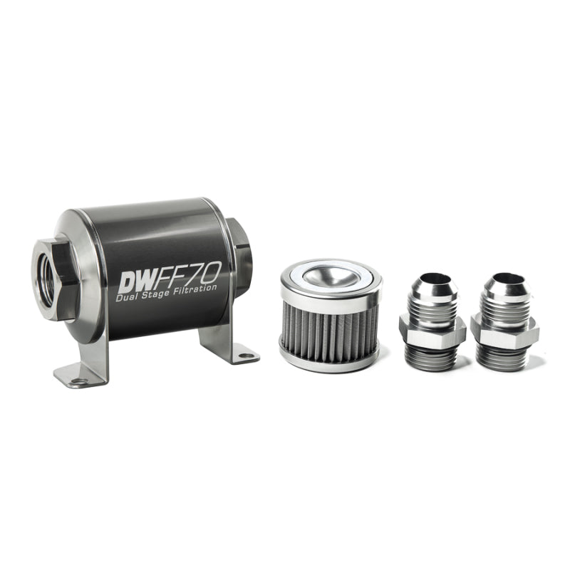 DeatschWerks Stainless Steel 10AN 40 Micron Universal Inline Fuel Filter Housing Kit (70mm) - 8-03-070-040K-10