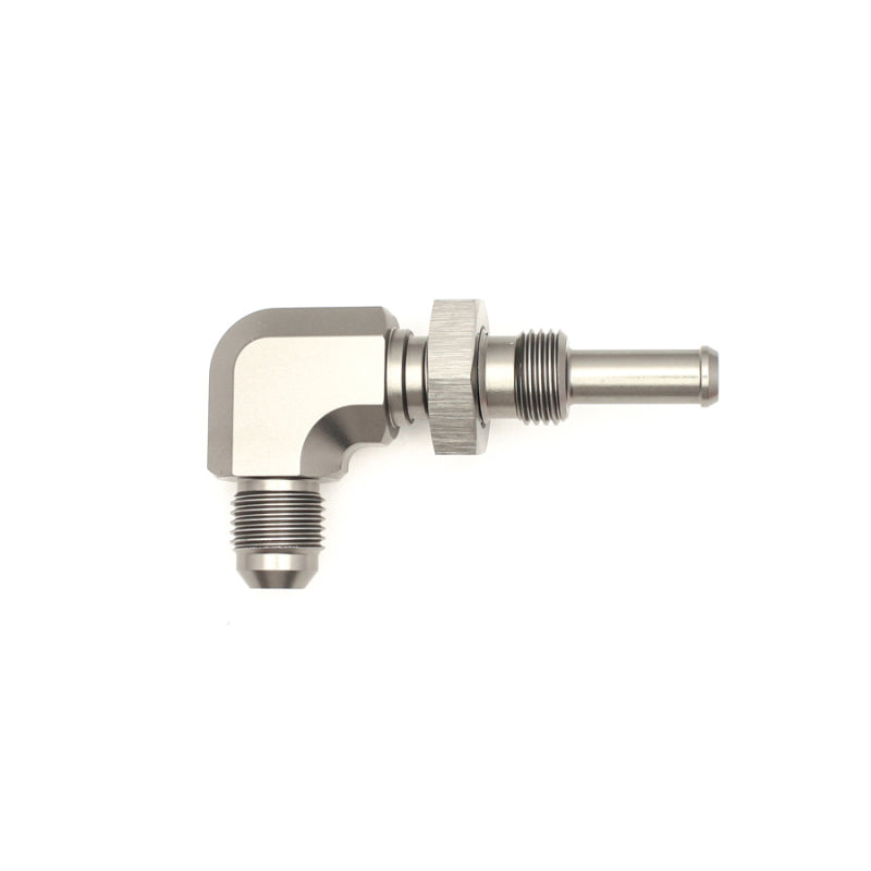 DeatschWerks 6AN Male Flare To 5/16in. Male Barb Bulkhead Adapter 90-Degree (Incl. Nut) - 6-02-0712