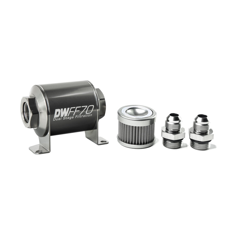 DeatschWerks Stainless Steel 8AN 10 Micron Universal Inline Fuel Filter Housing Kit (70mm) - 8-03-070-010K-8