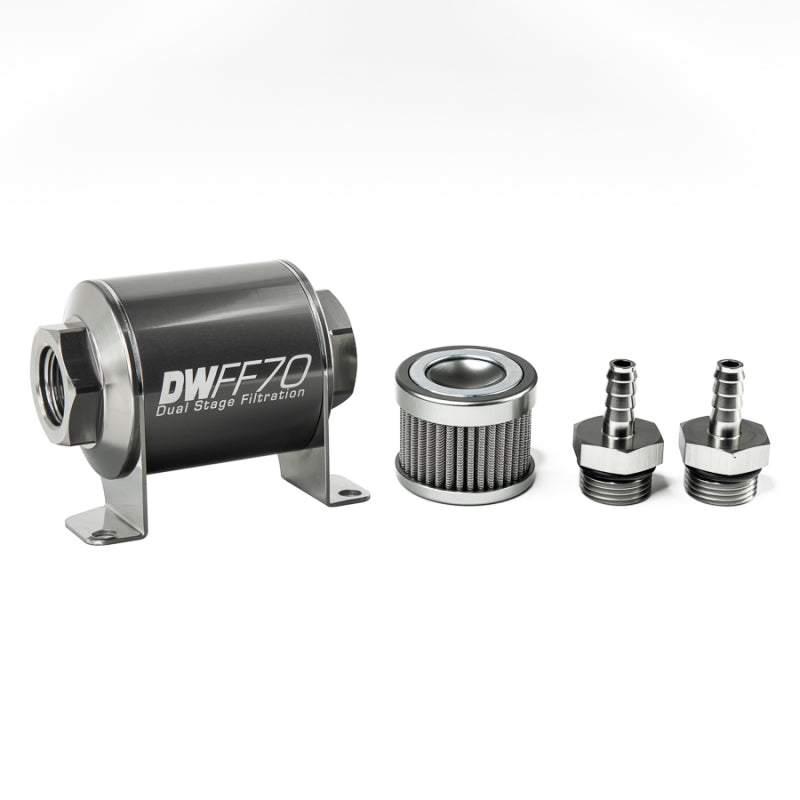 DeatschWerks Stainless Steel 5/16in 100 Micron Universal Inline Fuel Filter Housing Kit (70mm) - 8-03-070-100K-516