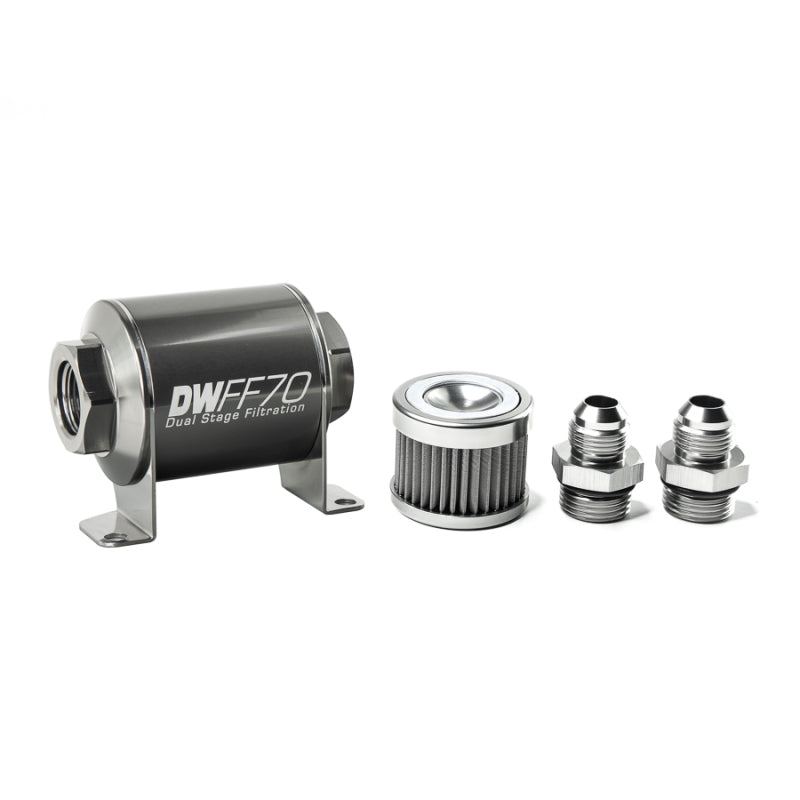 DeatschWerks Stainless Steel 8AN 40 Micron Universal Inline Fuel Filter Housing Kit (70mm) - 8-03-070-040K-8
