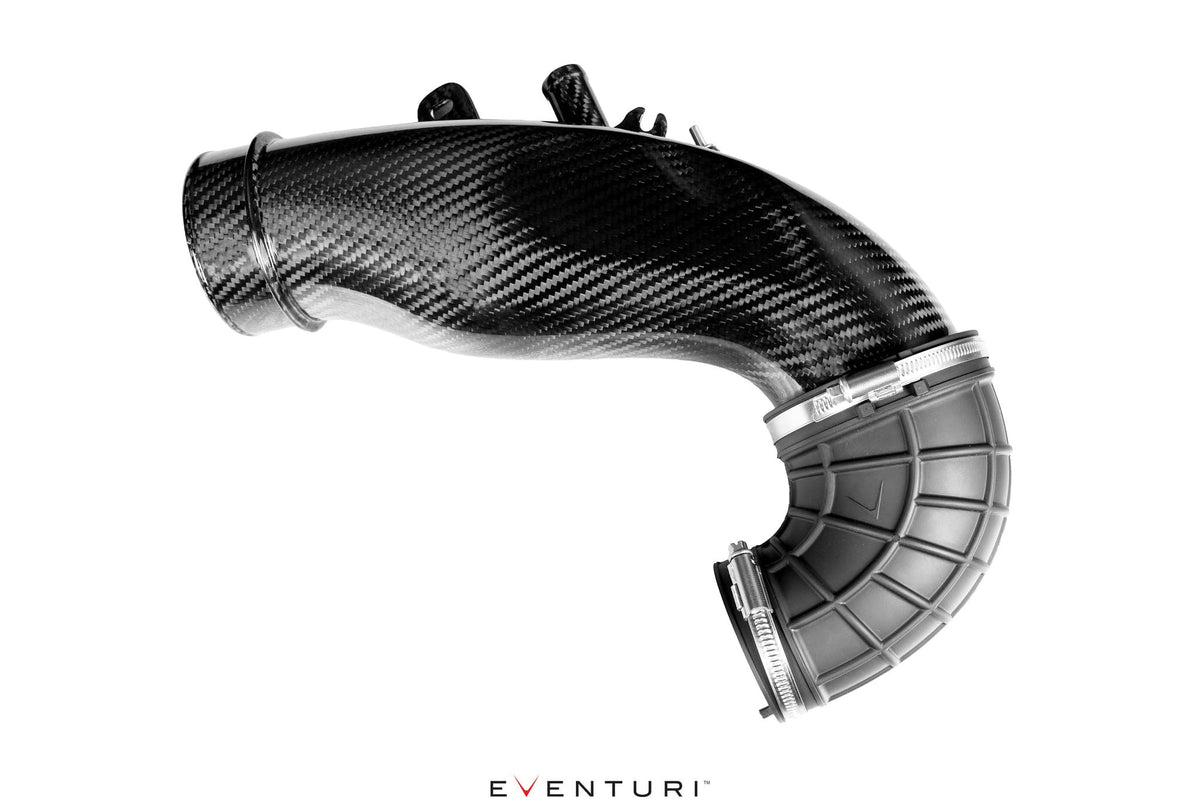 Carbon turbo tube with nitrile elbow and turbo flange, side view - Eventuri - Revzone
