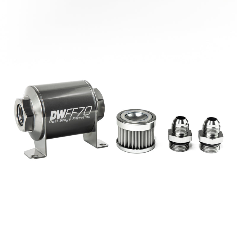DeatschWerks Stainless Steel 8AN 5 Micron Universal Inline Fuel Filter Housing Kit (70mm) - 8-03-070-005K-8