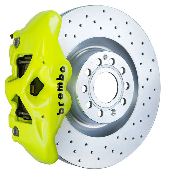 Brembo GT Big Brake Kit Front 4-Piston 345x30 - Audi A3 8P Mk5 05-19 - GT Fluoro Yellow Drilled - Revzone