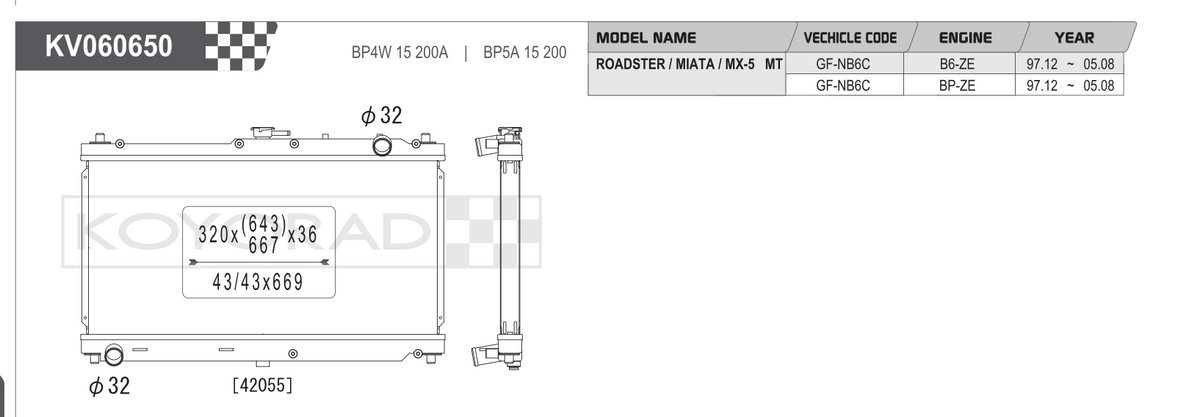 Koyo Performance Radiator - Mazda MX-5 Miata NB 1.8L MT 1999-2005 - VH060650 - Koyo - Revzone