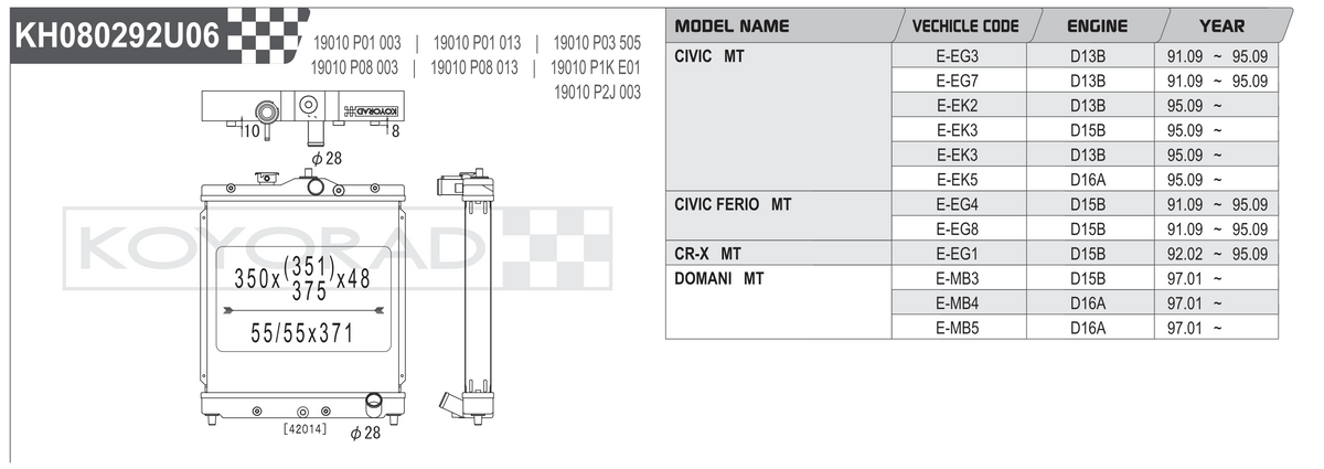Koyo Performance Radiator - Honda Civic EG / EK / CR-X / Domani MT 1991+ - HH080292 - Koyo - Revzone